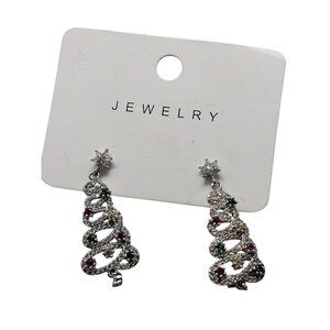 Gemstone & Rhinestone Christmas Tree Dangle Earrings Silver Tone